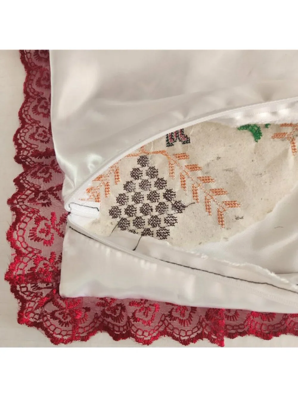 Artisan Handmade Embroidered Slavic Folk Pillow Cover Cottagecore White Satin